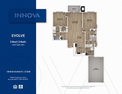 Floor plan for 2 beds, 2 baths, 1182 sqft